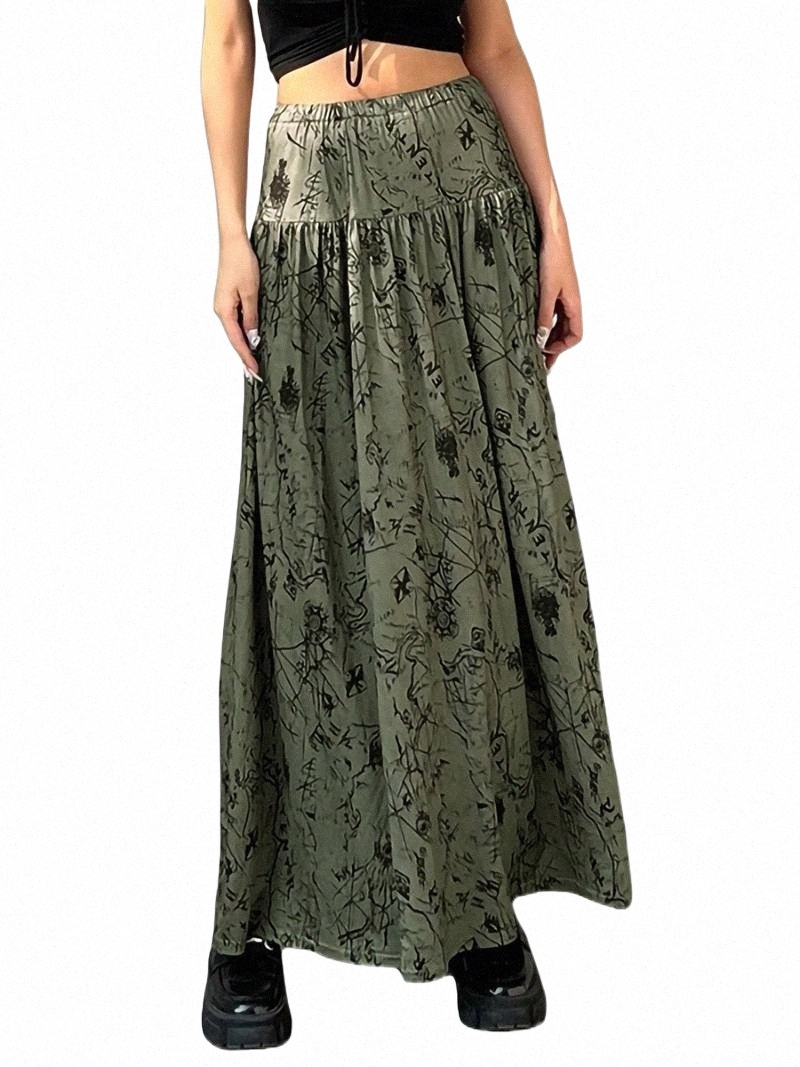 Jupes jupes femme décontractée élastique verte maxi jupe haute taille irrégulière imprimer la cheville-longueur robe rétro a-line gros smyles kir