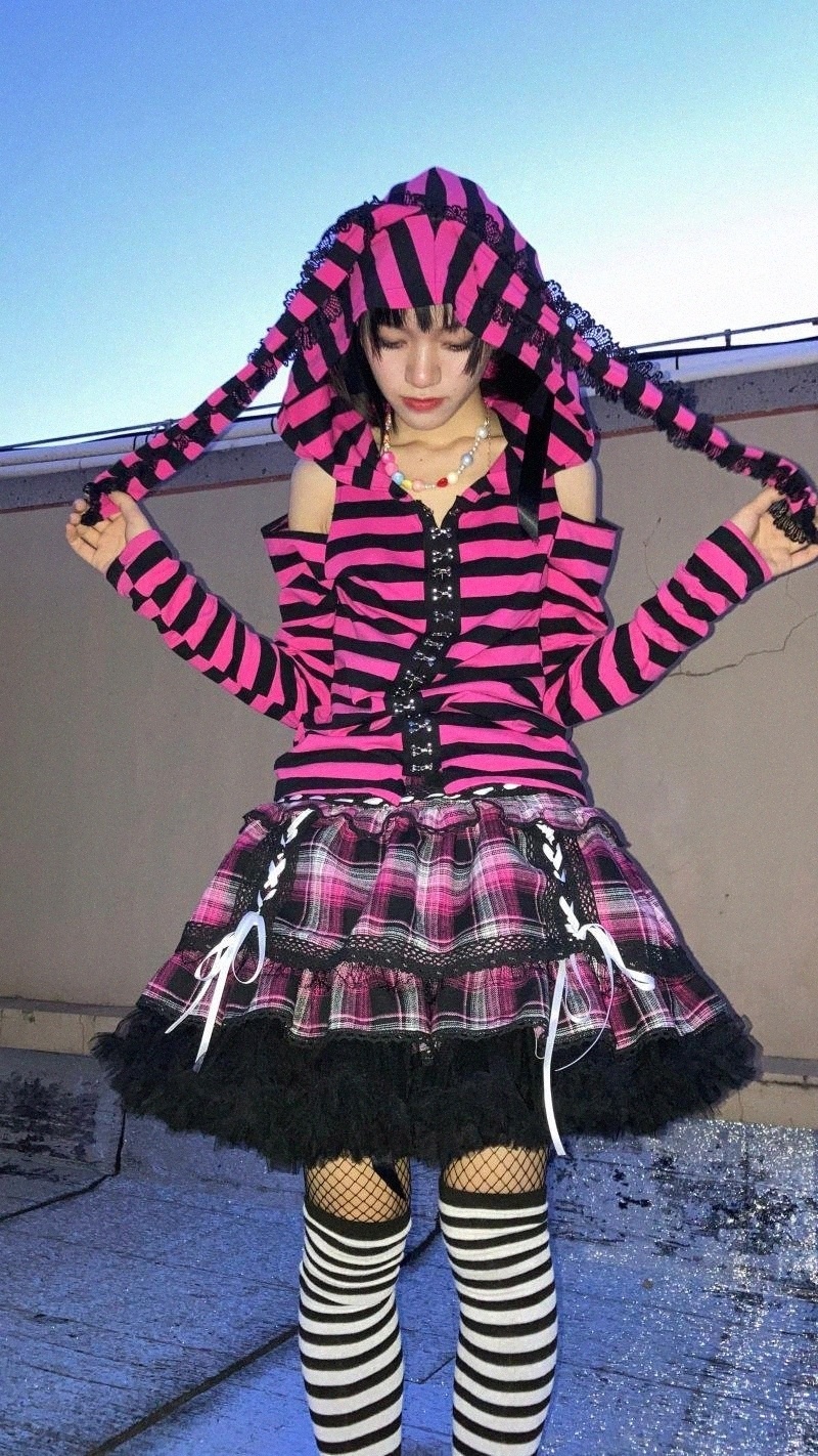 Skirts skirts Japanese Harajuku Punk Plaid Cake SKirt Hight Waist Lace-up Pink Black Gothic Two Layers Pleated Ball Gown Mini SkirtsSkirts C6V3#-image-801386408