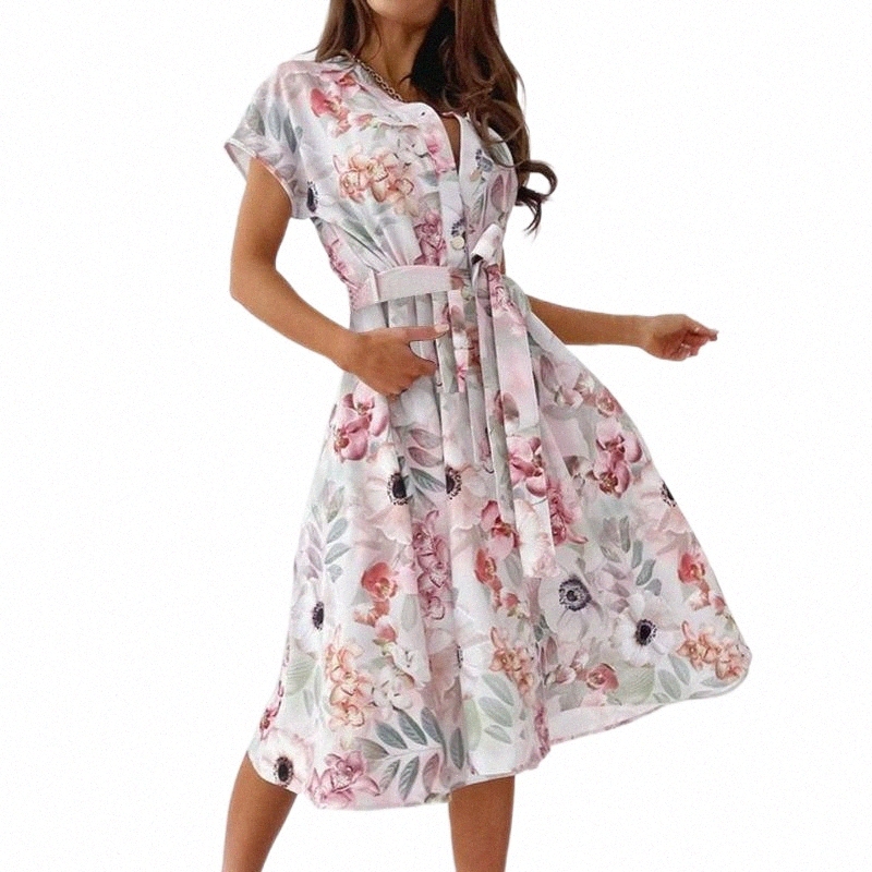Skirts skirts Floral Printed Long Dress Women Summer Fashion V Neck Button Belt Shirt Female Holiday Party Ladies Robe VestidosSkirts l2fo#-image-801393908