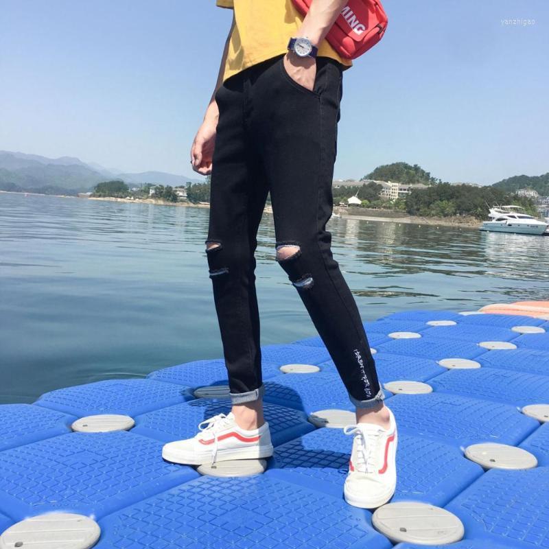 

Men's Jeans Summer Knee Ripped Hole Denim Men's Korean Embroidery Trendy Pants Washed Pencil Feet Wild Casual, Black