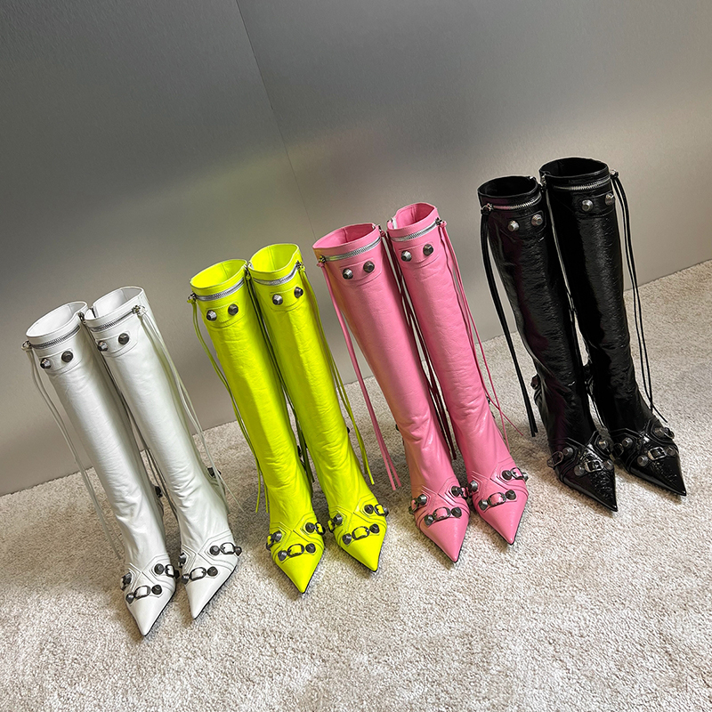 

Rivet decorative leather high-heeled knee high boots thin heel fringed pointed side zipper sexy fashion boots luxury designer women's factory shoes, Black
