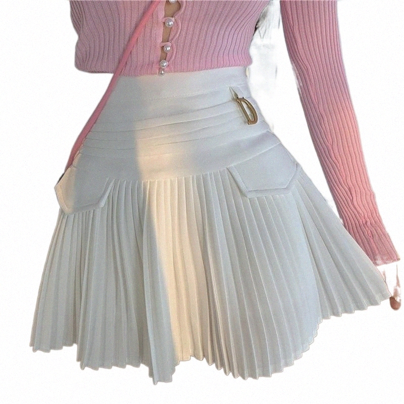 Jupes jupes blanches pliss￩es femmes hautes mini jupe en m￩tal conception de lettre A-line club wear corean sexy street show solide d￩contract￩s