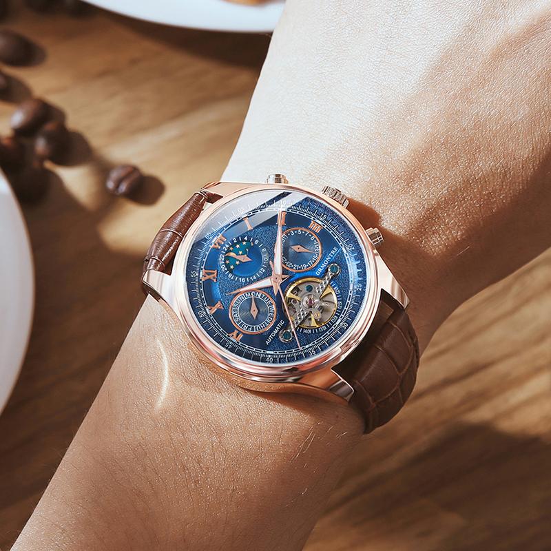 

Wristwatches 2022 Mens Watches Top Automatic Mechanical Watch Men Leather Business Waterproof Sport Relogio Masculino, Blue