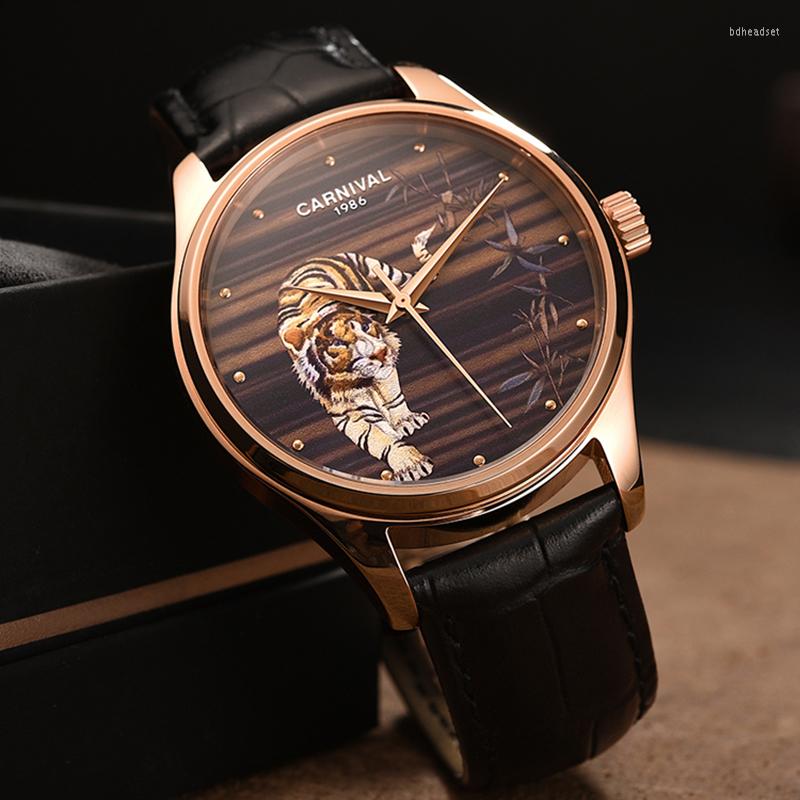 

Wristwatches Relogio Masculino Carnival Automatic Watch Mens Fashion 3D Tiger Rose Gold Mechanical Wristwatch Clock Reloj, Brown