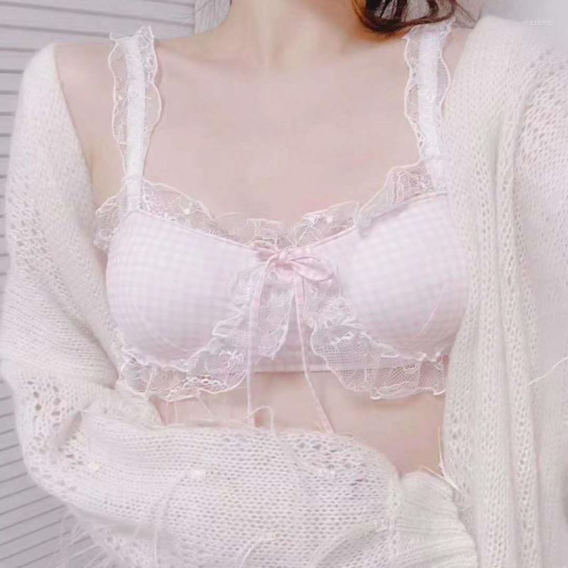 

Bustiers & Corsets Women's Lingerie Japanese Cute Cotton Plaid Bralette Set Lace Underwear Women Lolita Girl Teens Wire Free Thin Bra And, Blue
