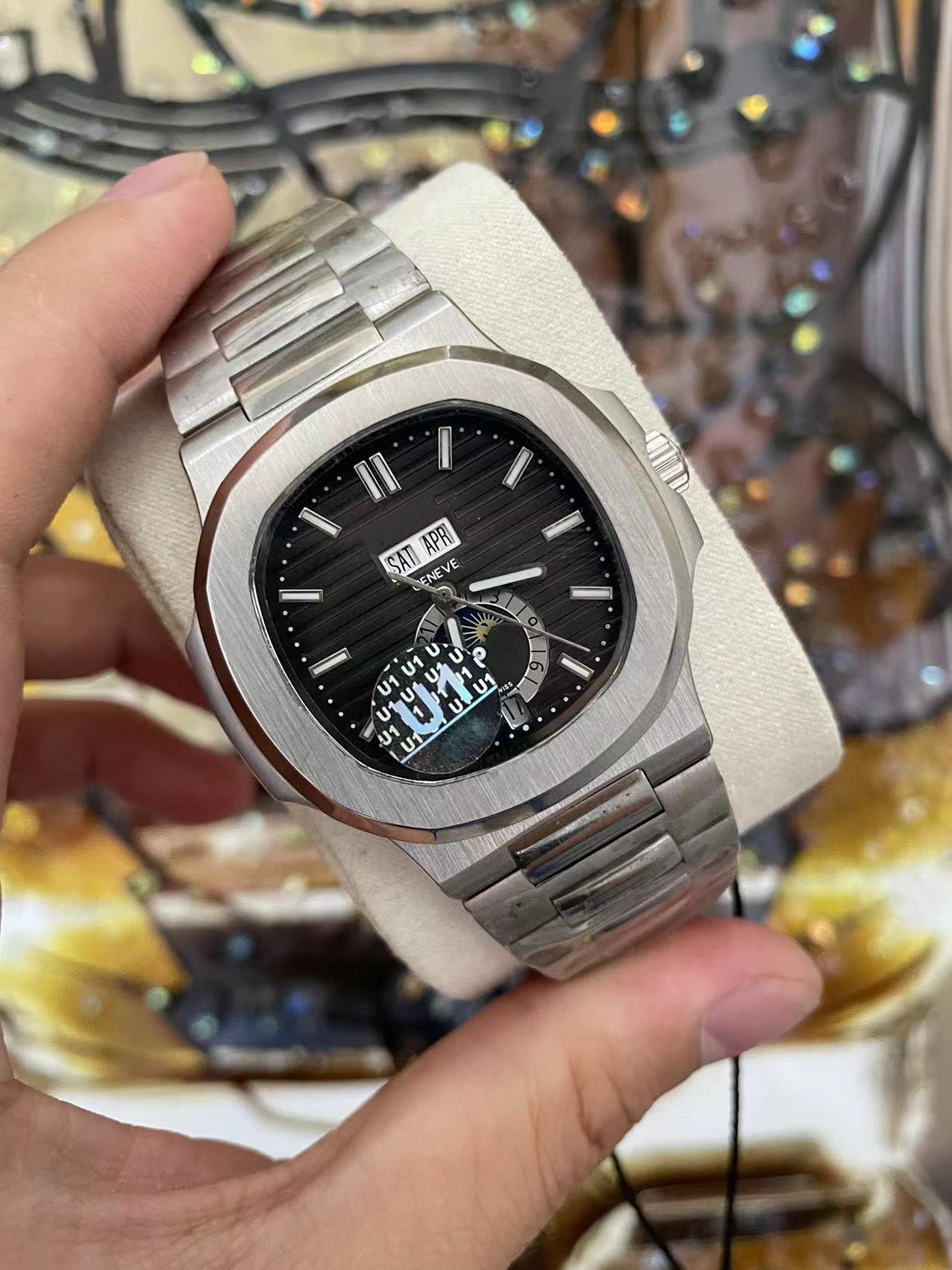 

New Automatic Mechanical Men's Watch Sapphire Glass Back DayDate Transparent Moon Phase Blue Multi Time Zone Movement, Waterproof