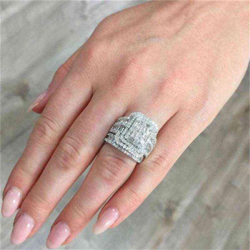 

Wedding Rings Charm Female White Crystal Stone Ring Set Luxury For Women Vintage Bridal Square Engagement Whole H1115272D