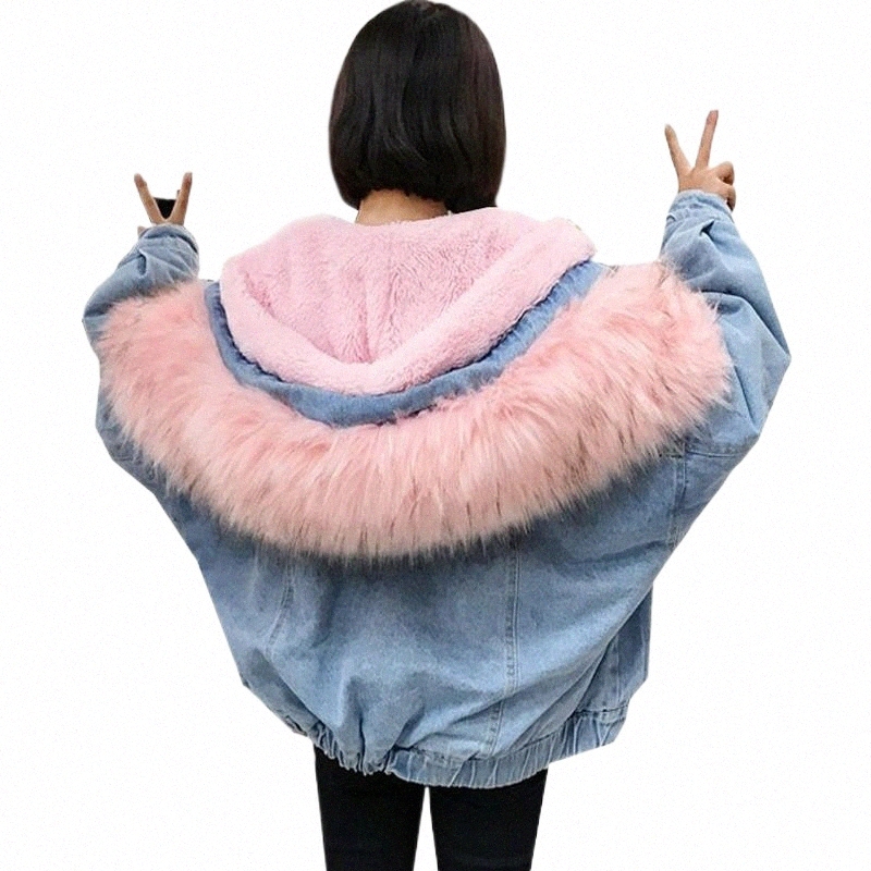 

Women's Jackets 2020 Winter Fur Hooded Denim Jacket Women Thick Lamb Wool Outwear Warm Parka Female Jean Jacket Coat Chaquetas Mujer Coat Okd4751 z0OK#, Pink colour