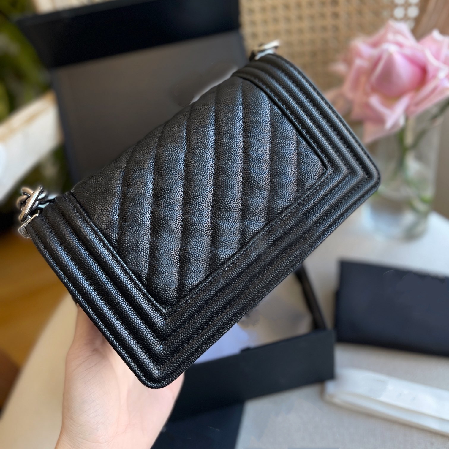 

Classic Mini Boy Caviar Vinatge Bags Calfskin Genuine Leather Quilted Aged Silver Hardware Chain Strap Crossbody Shoulder Womens Designer, Box