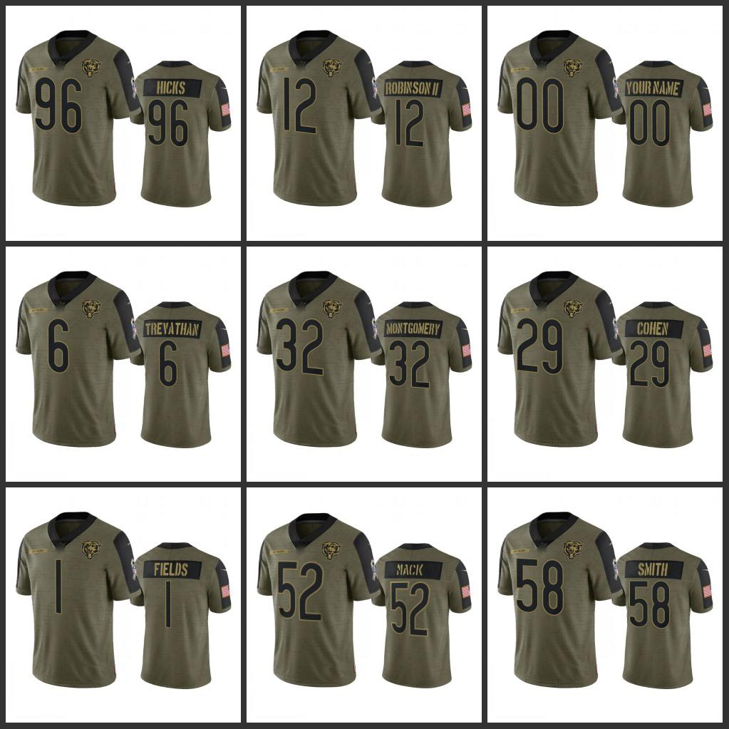

Jersey Chicago''Bears''Men #1 Justin Fields 32 David Montgomery 29 Tarik Cohen Custom Women Youth''NFL''Olive Salute To Service Limited Jers
