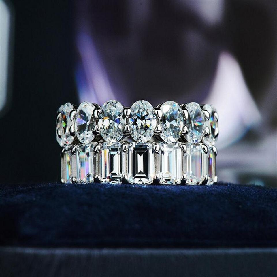 2019 Luxury Jewelry 925 Sterling Silver Emerald Cut White Topaz CZ Diamond Gemstones Eternity Women Wedding Engagement Band Ring2939