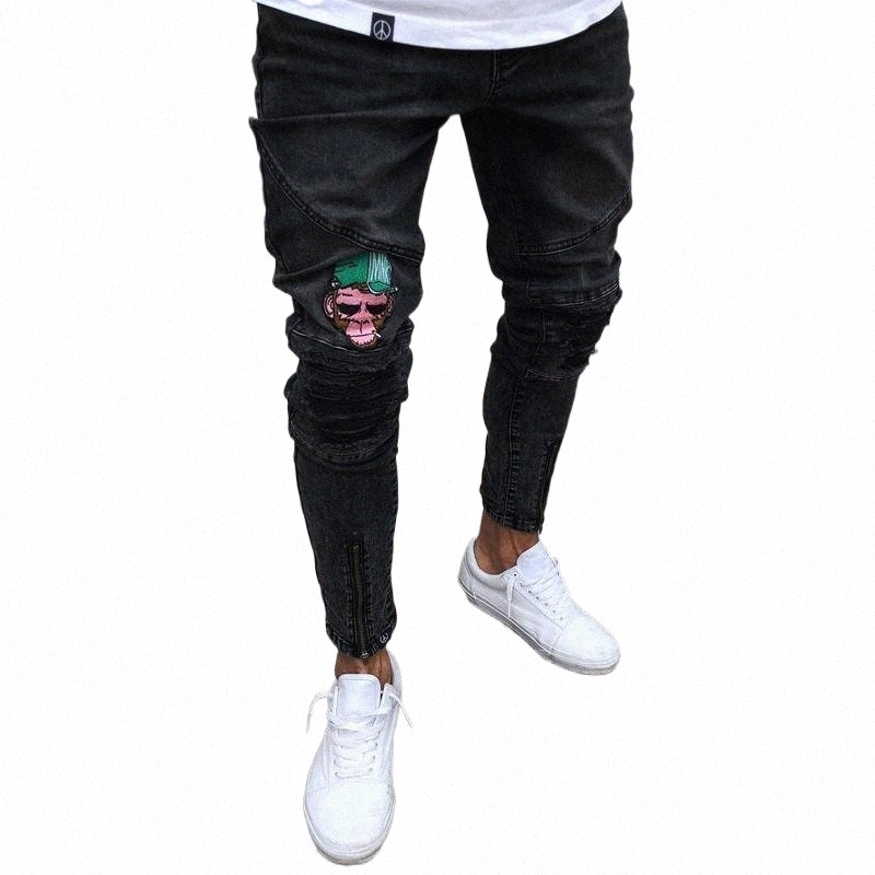 Men's Jeans men's Jeans Stretchy Ripped Skinny Biker Jeans Cartoon Pattern Destroyed Taped Slim Fit Black Denim Pants 2020 New 982H#-image-801415418
