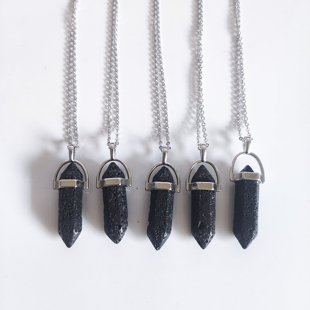Hexagonal Prism Black Lava Stone Necklace Aromatherapy Essential Oil Perfume Diffuser Pendant Necklace Women men Jewelry-image-801737956