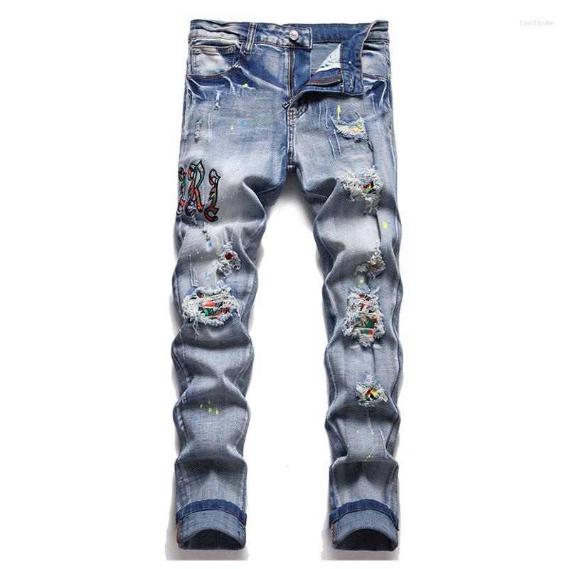 

Men's Jeans Ripped Hip Hop Holes Casual Pants Washed Streetwear Harakuju Denim Trousers For Male Slim Fit Embroidery, Blue