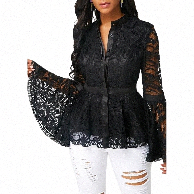 Chemises de chemisiers pour femmes plus taille Femmes Long Fared Sleeve Boutons Taies Lace Stitching Blouse de chemisiers pour femmes chemises R4