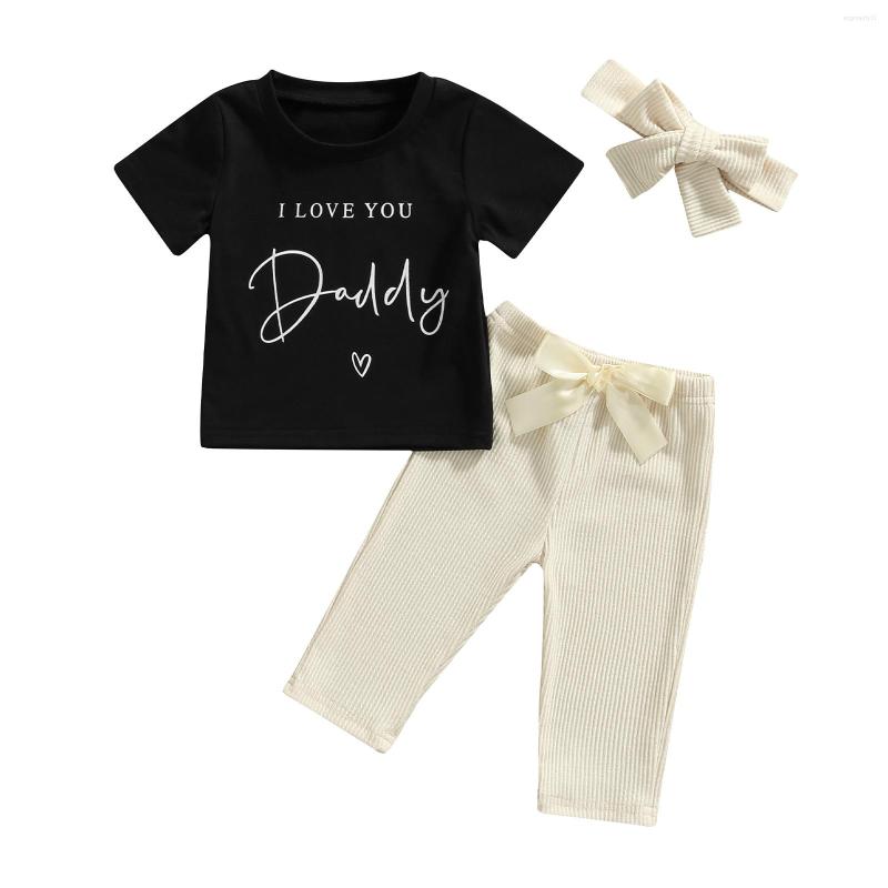 

Clothing Sets 2022 0-24M Baby Girl Clothes I LOVE YOU Daddy Letter Print Short Sleeve Black T-shirt Bow Solid Casual Pants Cute Summer 3pcs, Picture shown