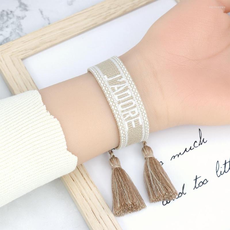 

Charm Bracelets Bohemia Embroidery Letters Woven Tassel Bracelet For Women Handmade Adjustable Rope Braided Retro Fashion Jewelry Gift