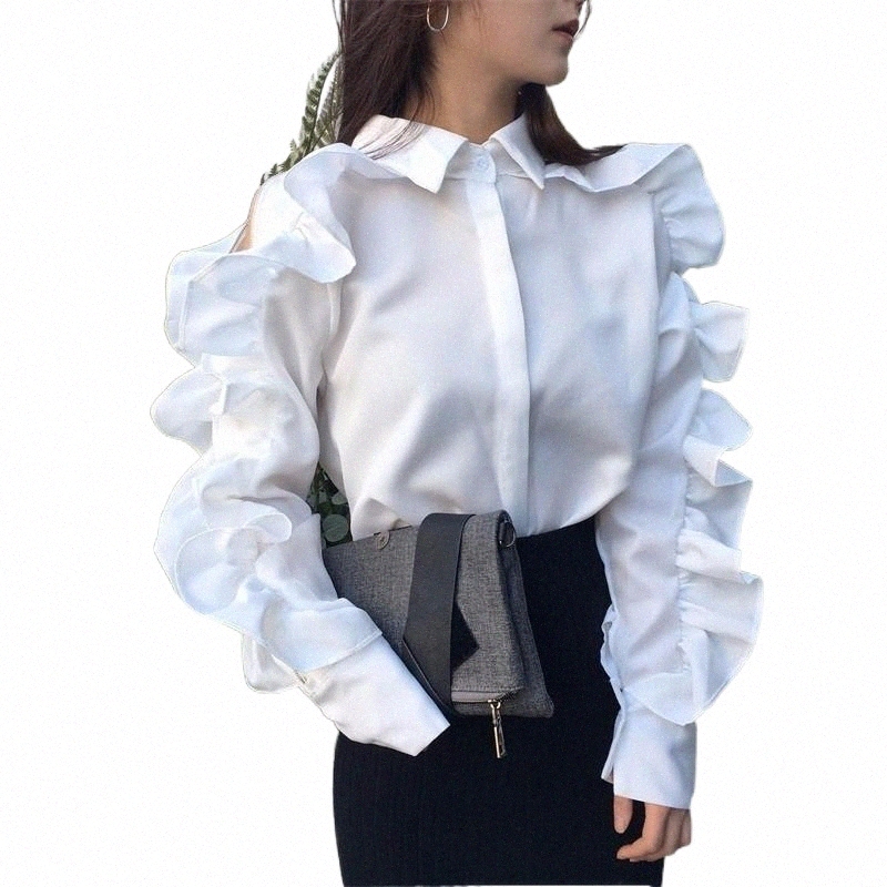 Women's Blouses & Shirts zipper Long Sleeve Blouse Women 2021 Spring Korean Clothes Off Shoulder Shirt Female Ruffles Patchwork Lapel Collar-image-801597285