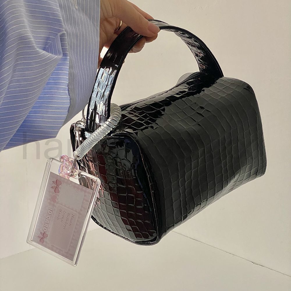 

designer lunch box Portable new large capacity cosmetic bag leather texture square finishing bag Portable wash Stuff Sacks, Patent leather handbag (pink)