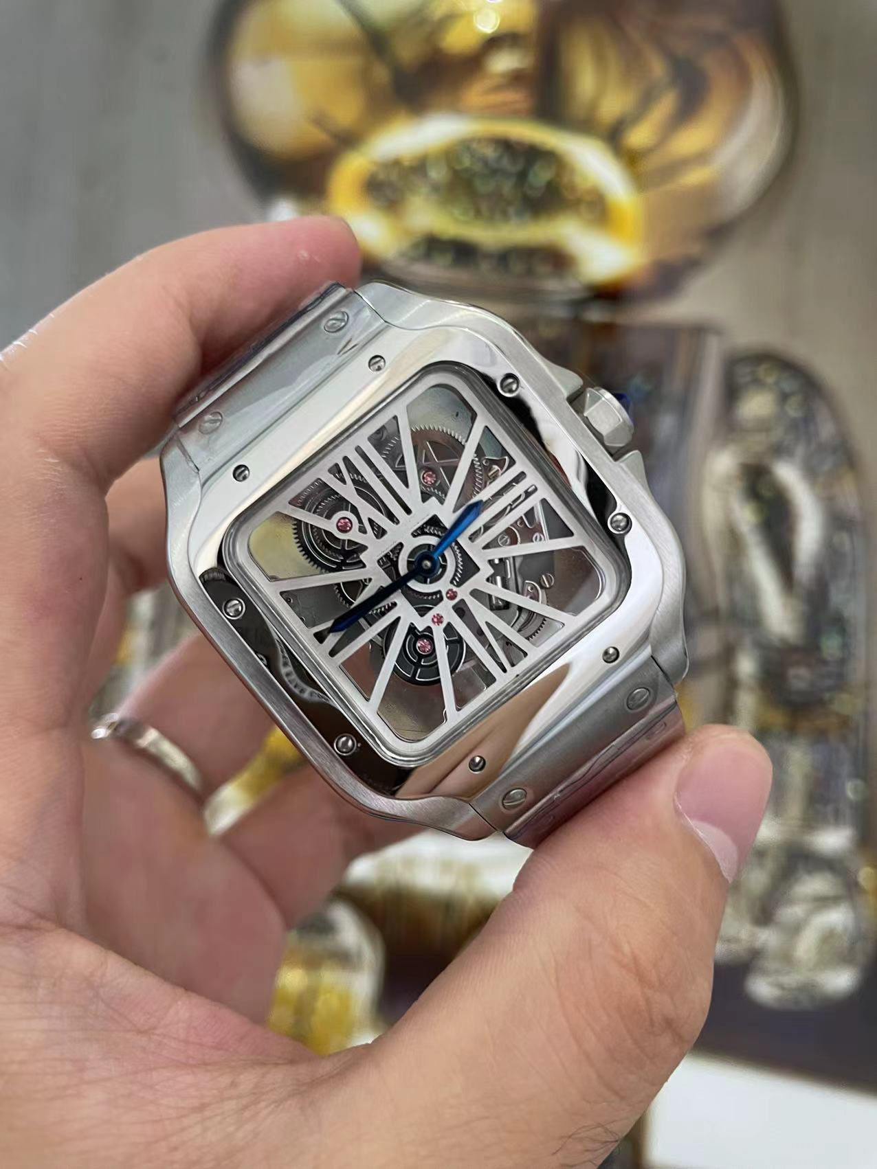 

Wholesale Fashion Men's Skeleton Watch Quartz Movement Sapphire Glass Stainless Steel Strap Luxury, 0.8mm