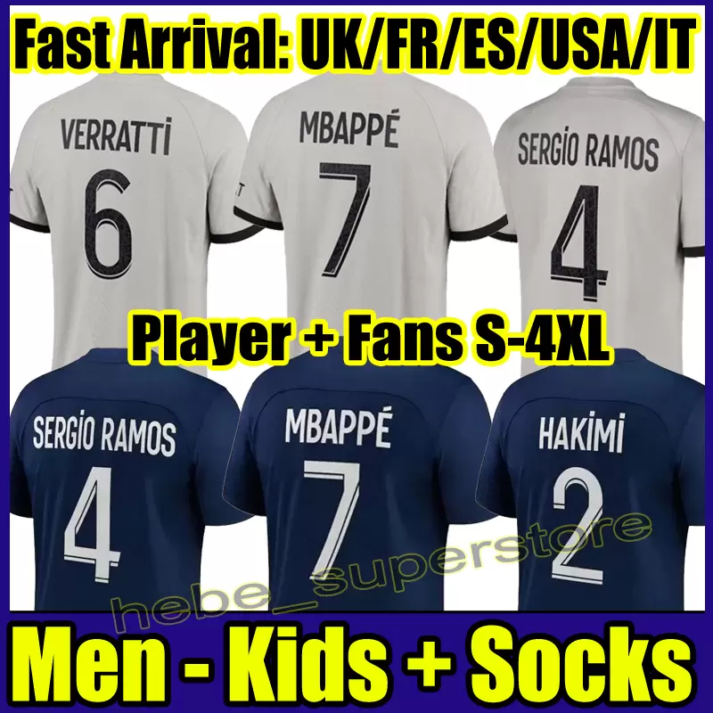 

S- 22 23 MBAPPE KEAN HAKIMI SERGIO RAMOS soccer jerseyS Maillots football shirt 2022 2023 PsGs MARQUINHOS VERRATTI men kids kit uniform e, 22-23 away-player
