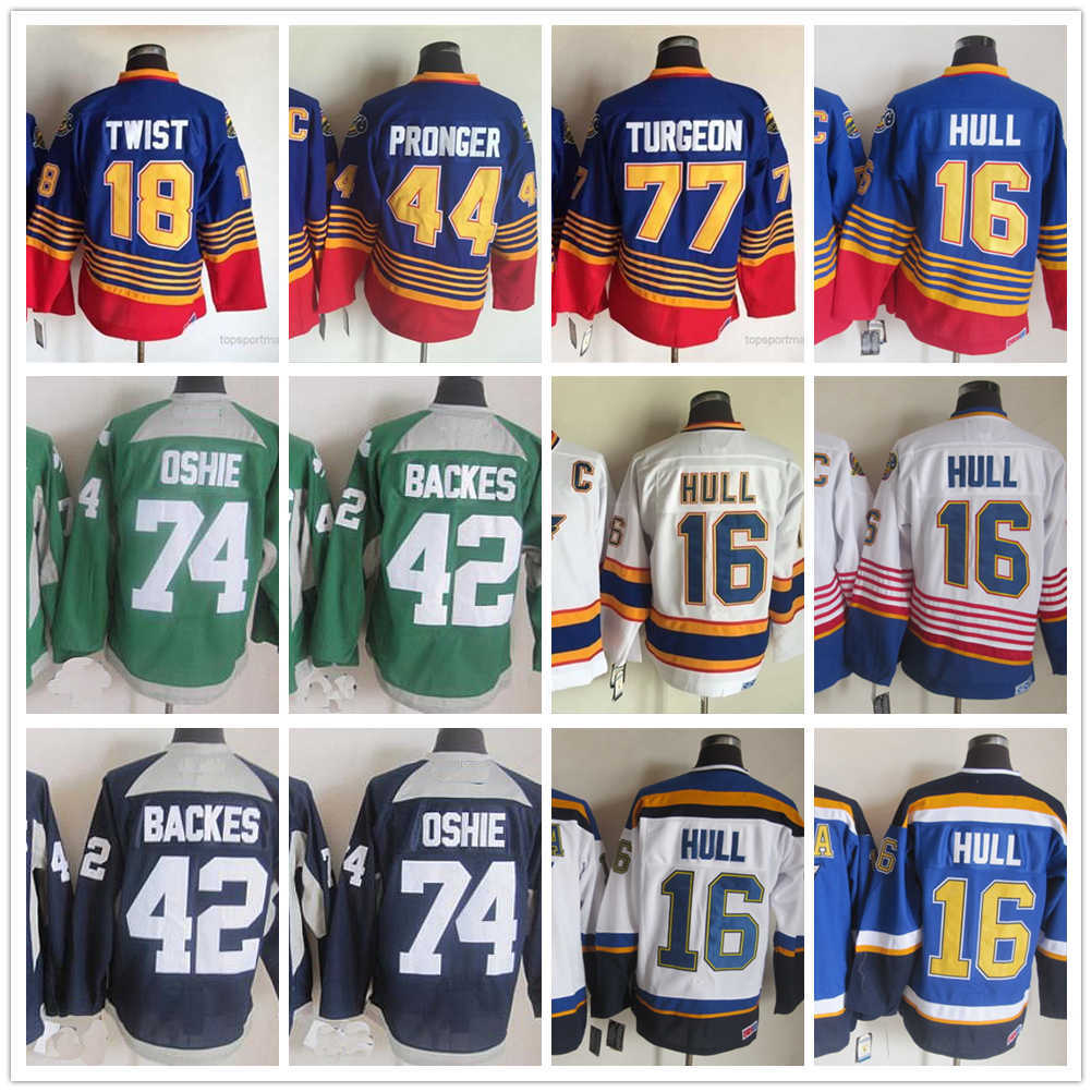 

St. Louis''Blues''New Retro Ice Hockey Jerseys 16 Brett Hull 18 Tony Twist 44 Chris Pronger 77 Pierre Turgeon 74 T.j. Oshie 42 David Backes, Same as picture (with team name)