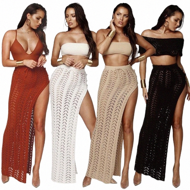 Women's Swimwear bikini Cover-ups Bohemian Dress Knitted Spilt Beach Long Skirts Summer Sexy Hollow Out Tunic Women Swimsuit Cover Up Women&-image-801604699
