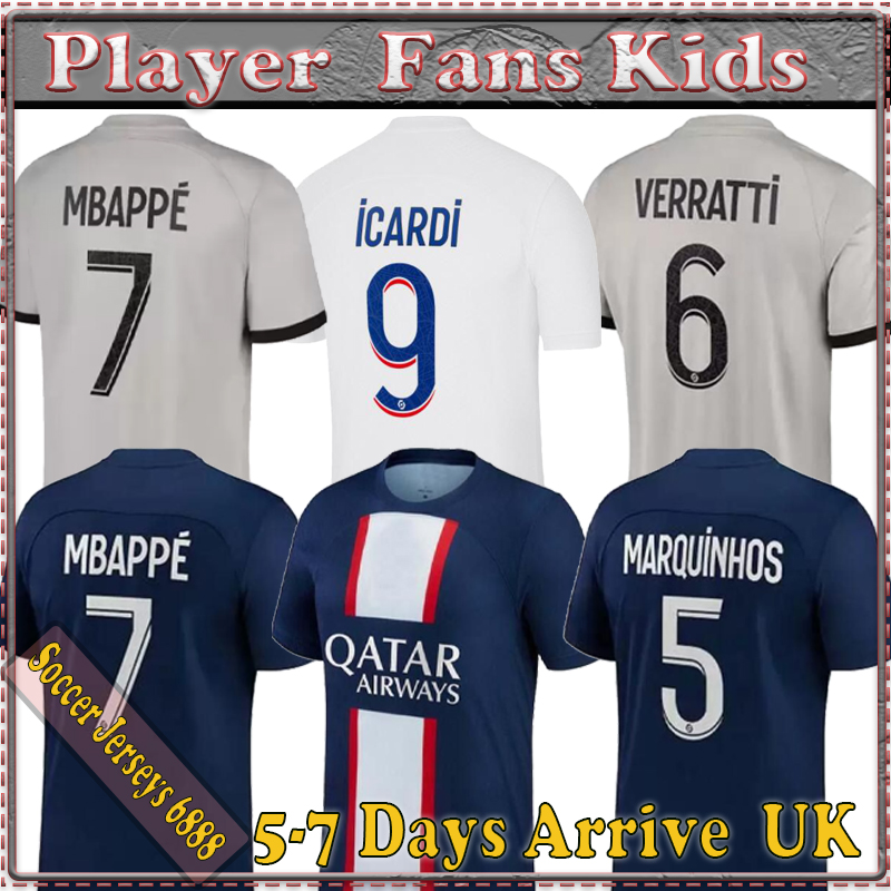 

22 23 PSGS MBAPPE MESSIS soccer jerseys DI MARIA WIJNALDUM RAMOS HAKIMI Maillots de football shirts kit ICARDI VERRATTI Vitinha Donnarumma Fans Player Version, 22/23 players version 3rd