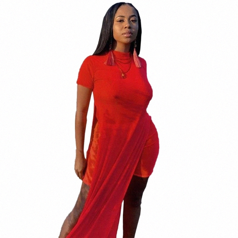 Women's Tracksuits adogirl 2021 Women Summer Fashion Tracksuits Side Split Long Tee Top And Shorts Suits Mesh See Though Casual Two Pieces Set
