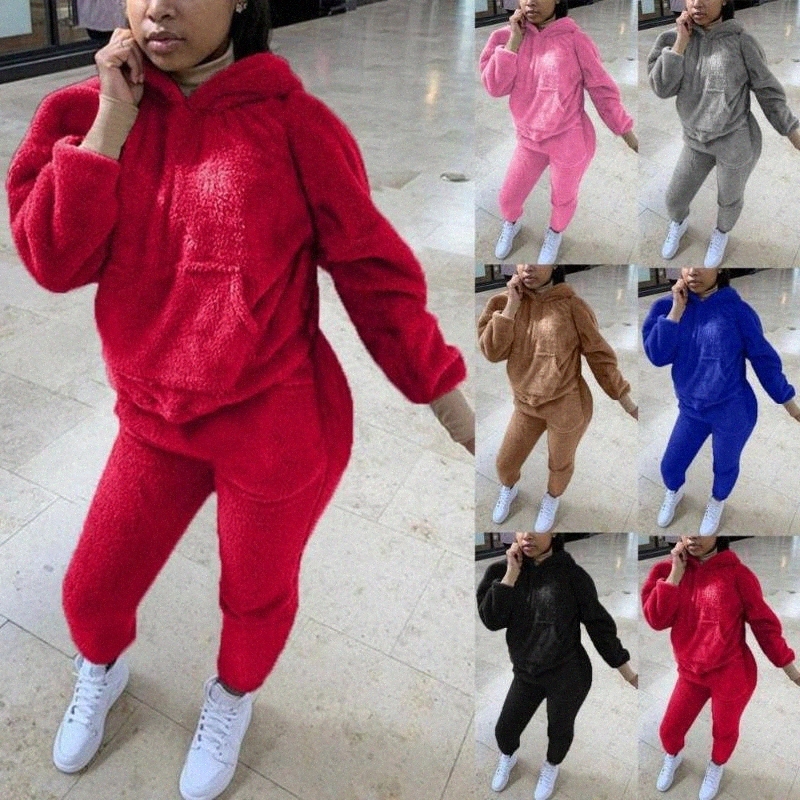 

Women's Tracksuits piece Sets Womens Outfits Fashion Casual Shirt Hooded Blouse Pocket Plush Pant Suit Joggingpak Dames Conjunto Mujer Dos Piezas Women's Track D3fK#