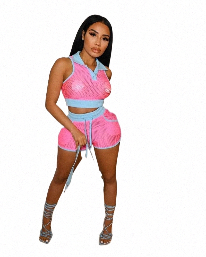 Women's Tracksuits women's Tracksuits Sheer Mesh Color Block Patchwork Tracksuit Women Sexy Turn-down Collar Sleeveless Crop Top Shorts-image-801610547