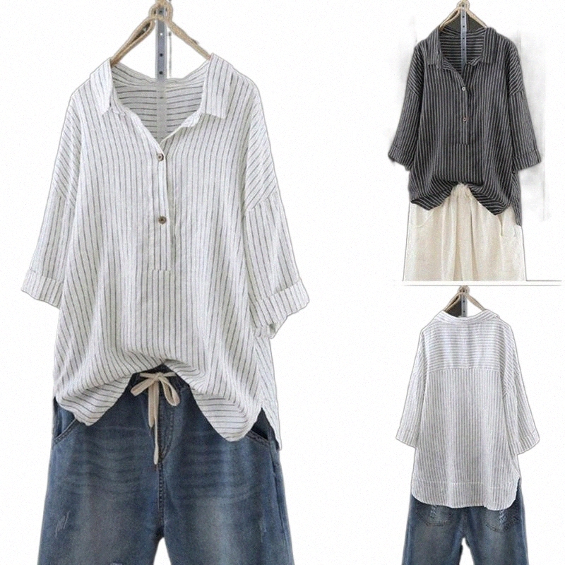 Women's Blouses & Shirts trendy Womens Summer Striped Blouses Loose Tops Cotton And Linen Button Down Tunic Shirts Plus Size Ullover Top Wom