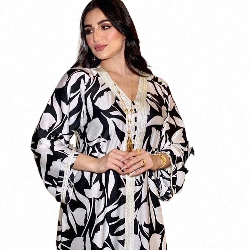Ethnic Clothing floral Printed Maxi Dress Jalabiya Women Ribbon Patchwork V Neck Long Sleeve Loose Fashion Islamic Clothing Arabic Abaya Ethnic U-image-801604522