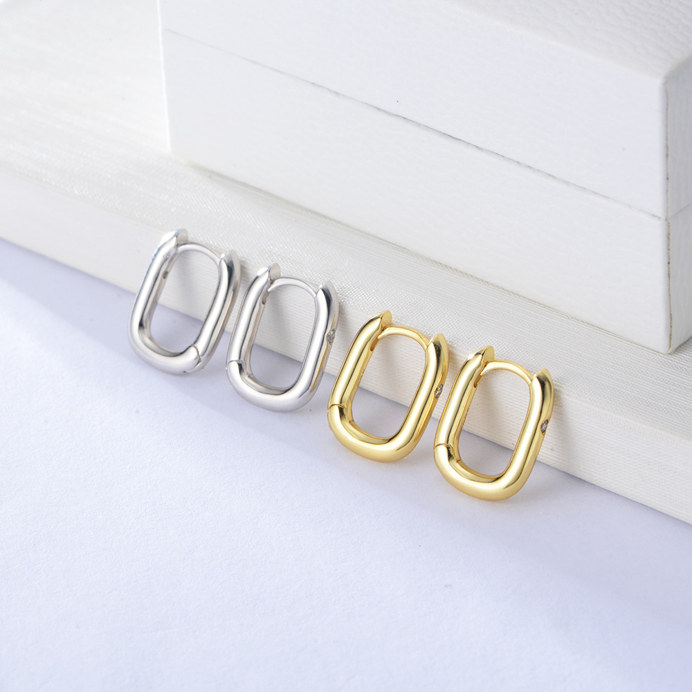 designer jewelry earrings dangle Retro geometric smooth oval S925 sterling silver stud with diamond-plated gold earring