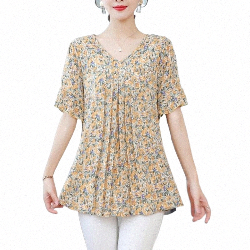 Women's Blouses & Shirts plus Size Summer Chiffon Print Blouse Pullover Ladies O-neck Tee Tops Loose Pleated Women's Short Sleeve Casual S