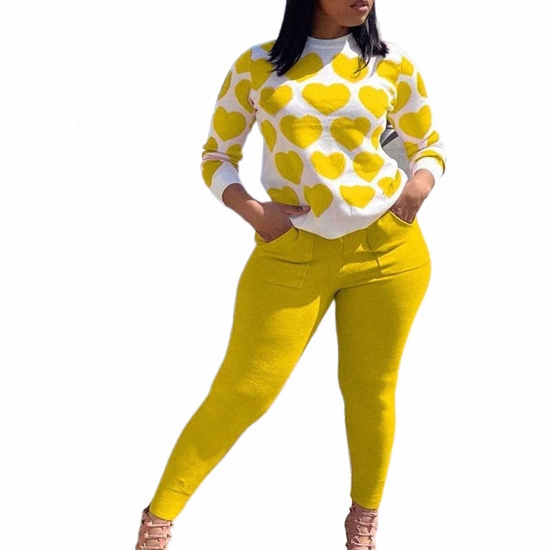 Women's Tracksuits women Two Piece Cute Sweet Suits Long Sleeve Heart Shirt Top & Pocket Pants Set Women's Tracksuits s9Yy#
