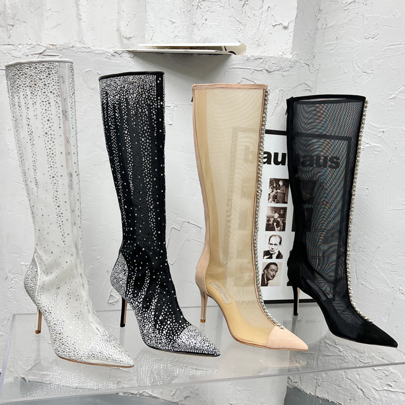 

Womens Spring Autumn High Heel Mesh Boots Knee High Fashion Crystal Ankle Booties Pointed Toe Thin Stiletto Heel, B3