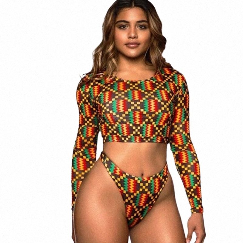 Women's Swimwear women's Swimwear Printed HIGH WAISTED Bikini Long Sleeves African Waist Swimsuit Thong Print Sexy Bodysuit 68BX#-image-801597090