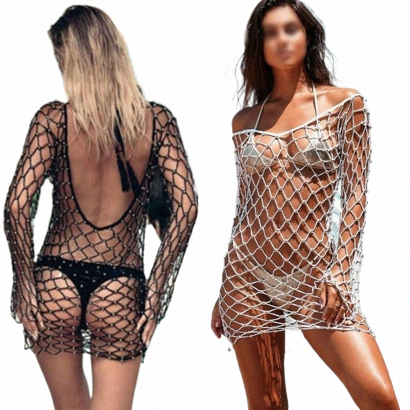 

Women' Swimwear summer Women' Mesh Pearl Fishnet Crochet Cover Up Slash Neck Sexy Beach Swimwear Cover-Ups Z8C8#, White