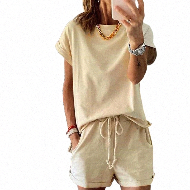 Women's Tracksuits casual Women's Solid Two Piece Suit Summer Elastic Waist Color Leisure Pajamas Set Women 2 O-Neck Tracksuits M9pG#
