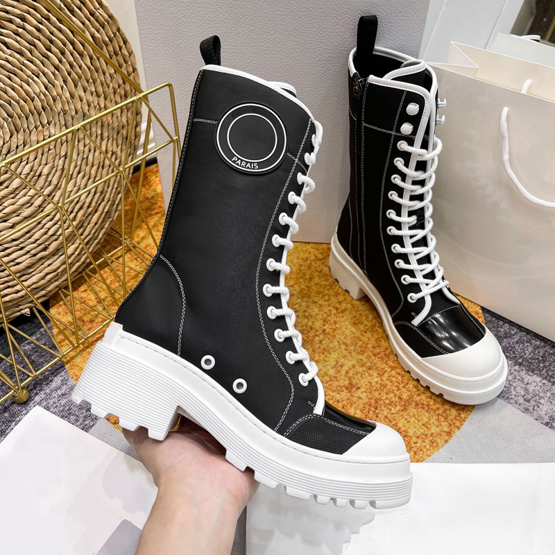 

Black White Canvas Rise Ankle Boots Women Designer Platform Desert Boot Heel and Thick Notched Sole