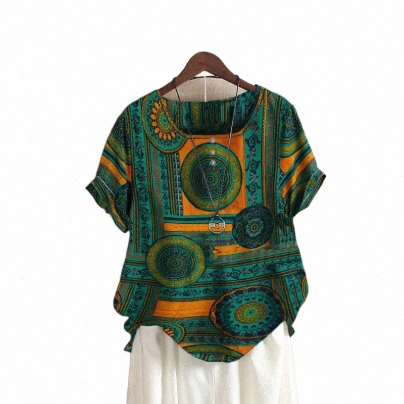 Women's Blouses & Shirts vintage Printing Blouse For Women Summer Top Casual Short Sleeve Cotton And Linen O-neck Print Plus Size Feminino W