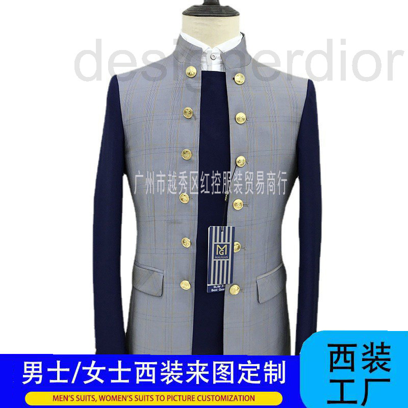 

Men's Suits & Blazers designer Maligan new double row Gold Button Blue Zhongshan neck men's suit coat large jacket BYGH, 2# packing bag