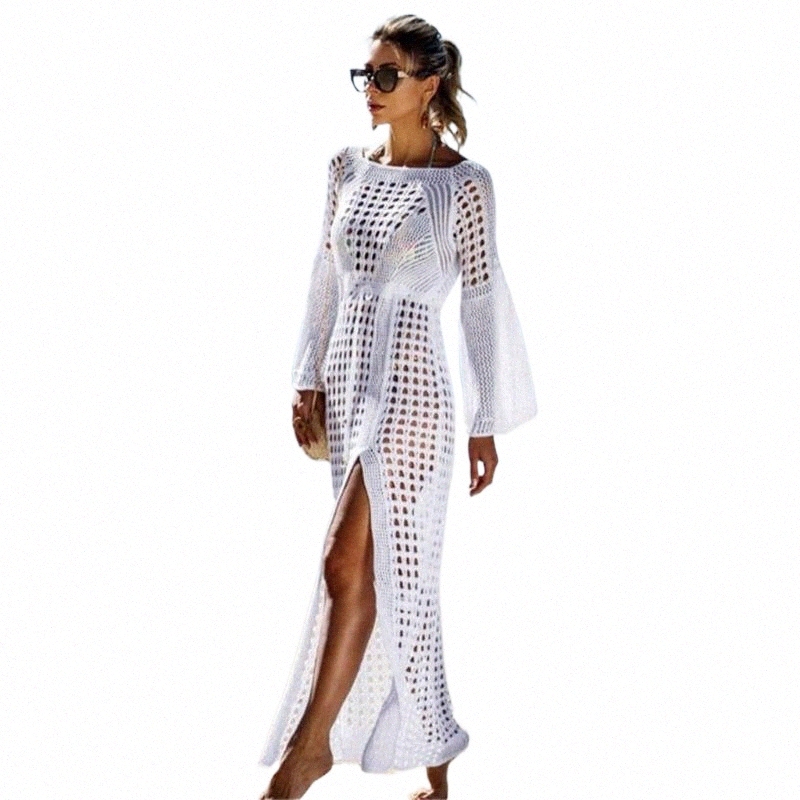 Women's Swimwear women Crochet Cover Up Bikini Swimwear Knit Hollow Out Beach Dress Swimsuit Solid Perspective Tunic Kaftan Sexy Pareo 2021-image-801607076