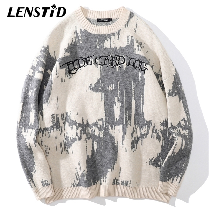 Mens Sweaters LENSTID Men Hip Hop Knitted Jumper Sweaters Letter Embroidery Print Streetwear Harajuku Autumn Hipster Casual Loose Pullovers 220912