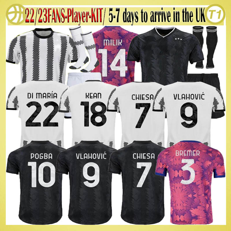 

22 23 DI MARIA JUVES soccer jersey VLAHOVIC POGBA LOCATELLI CHIESA McKENNIE ARTHUR BONUCCI CUADRADO Juventuss football shirt Men Kids kit sets fans player version, Away kit+socks