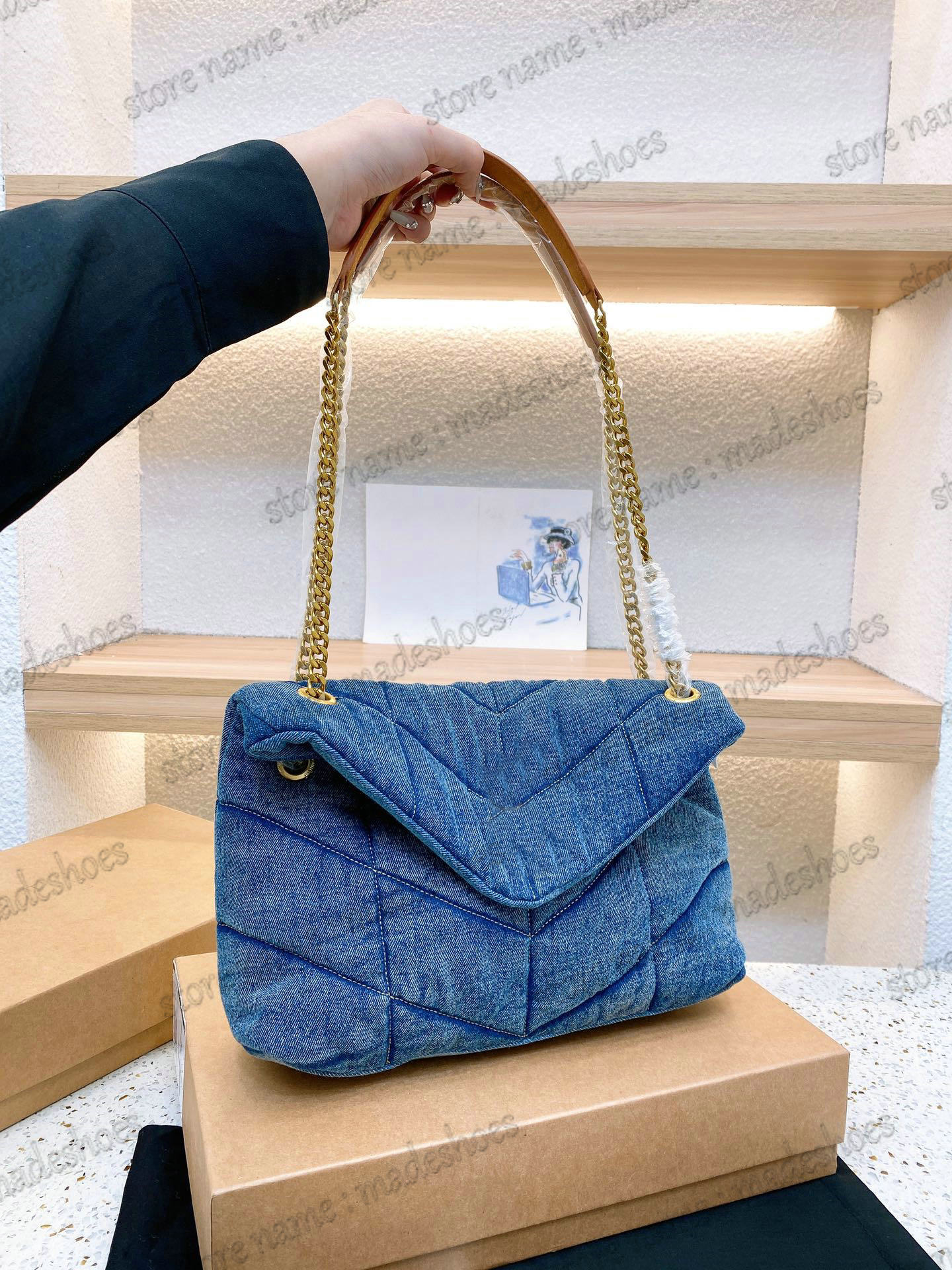 

Women's Blue Loulou Toy Puffer Denim Shoulder Bag Quilted Washed-Denim Handle Bags Small Lou Jersey Puffer Chain V Shape Crossbody Clutch Pouch