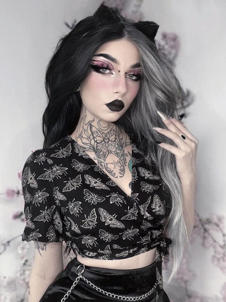 

Women' T Shirts Gothic Black Summer T-shirt Women Streetwear Butterfly Print V-neck Crop Top Harajuku Puff Sleeve Fashion Bandage Tops
