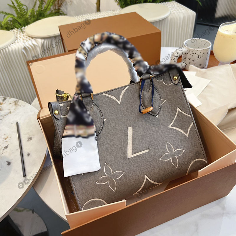 

Womens Embossed Grained Cowhide Leather Shopping Bag Gold-Colour Hardware Onthego Designer Handbags Classic Colorful Flower Print Square Tote Luxury Bags 25x19CM