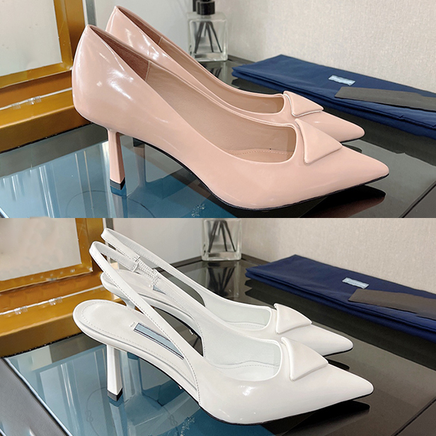 

Luxury Dress shoes Logo Printed 75mm High-heeled Brushed Leather Pumps black white pink slingback Wedding sandal Fashion women designer heels party sandals With Box